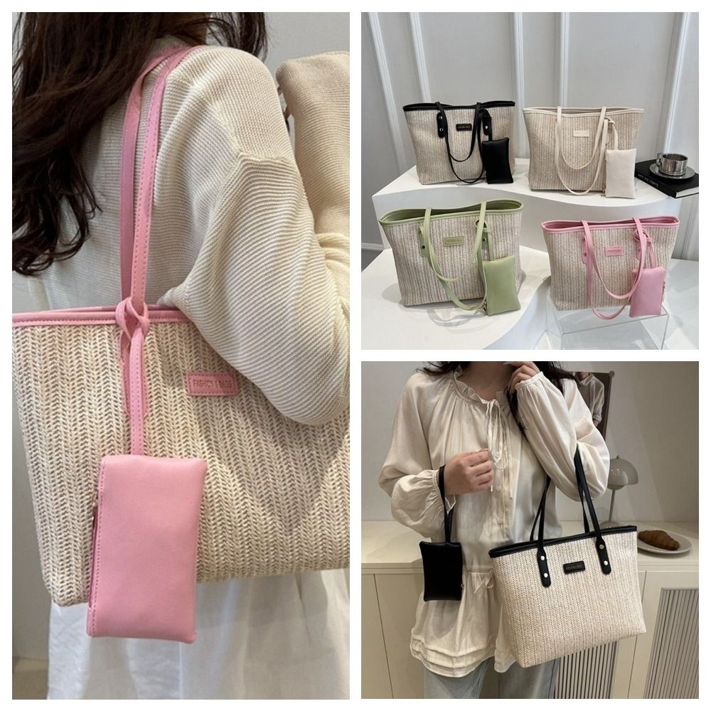 Tote Bag Beach - Fashion Solid Color Weave Tote Bag