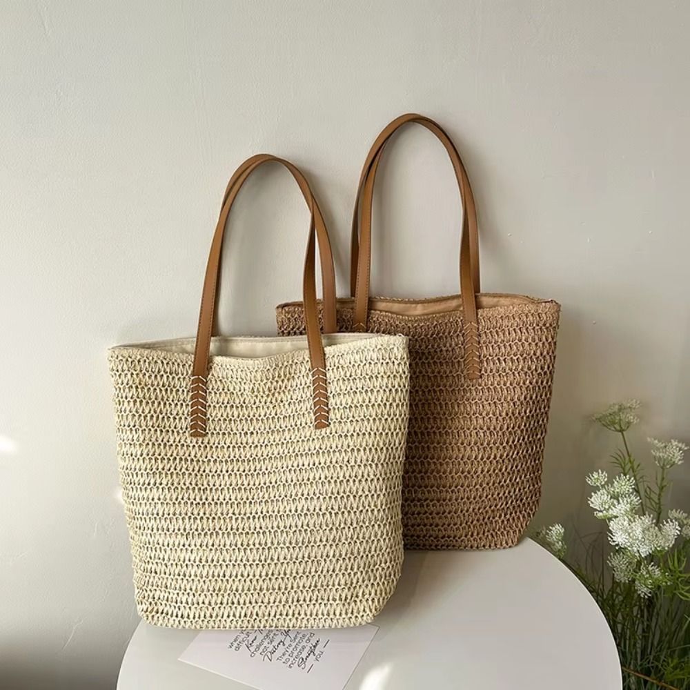 Tote Bag Beach - Simple Solid Color Weave Straw Tote