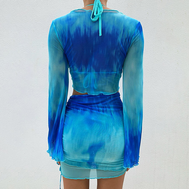 Nsangu Sexy Two Piece Set Blue - Crop Top Crochet บทวิจารณ์และราคา