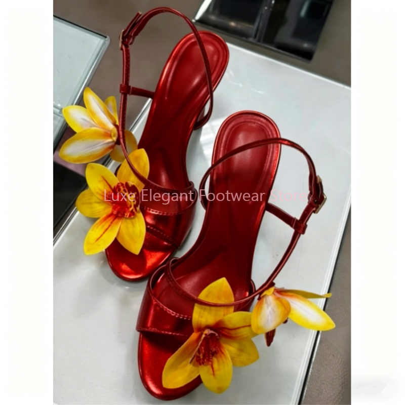 Red Flower Decor Back Strap Ho - Sandal Strappy Heeled บทวิจารณ์และราคา