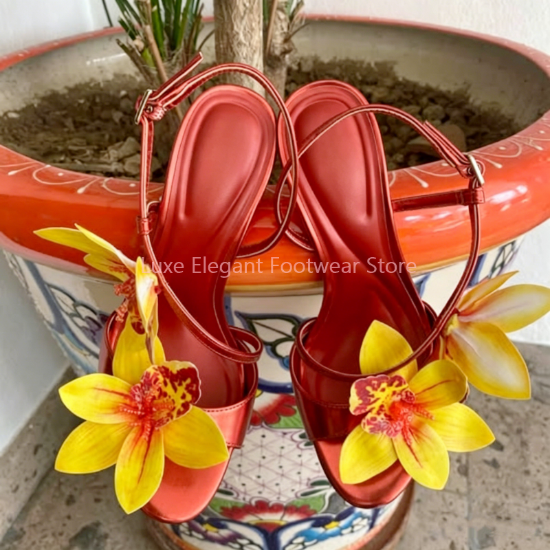 Red Flower Decor Back Strap Ho - Sandal Strappy Heeled บทวิจารณ์และราคา