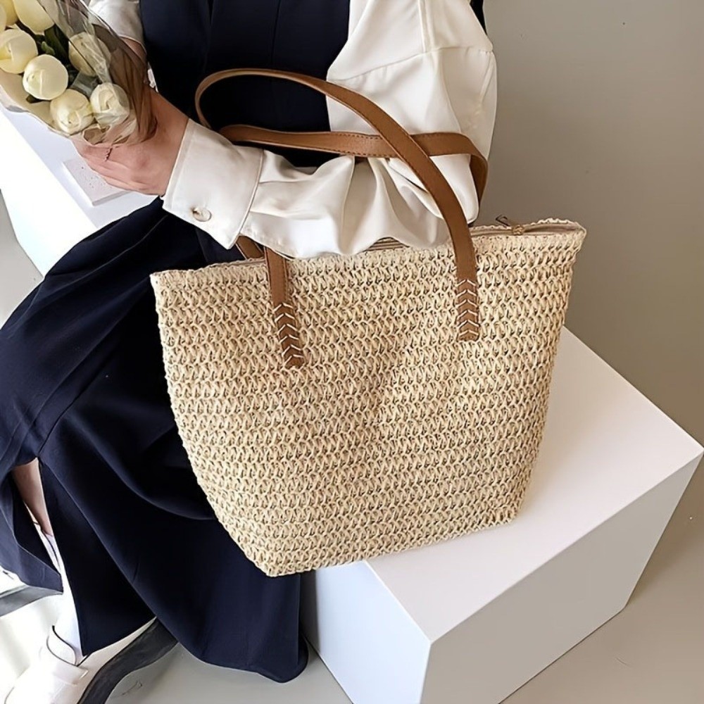 Fashion Solid Color Weave Stra - Tote Bag Beach บทวิจารณ์และราคา