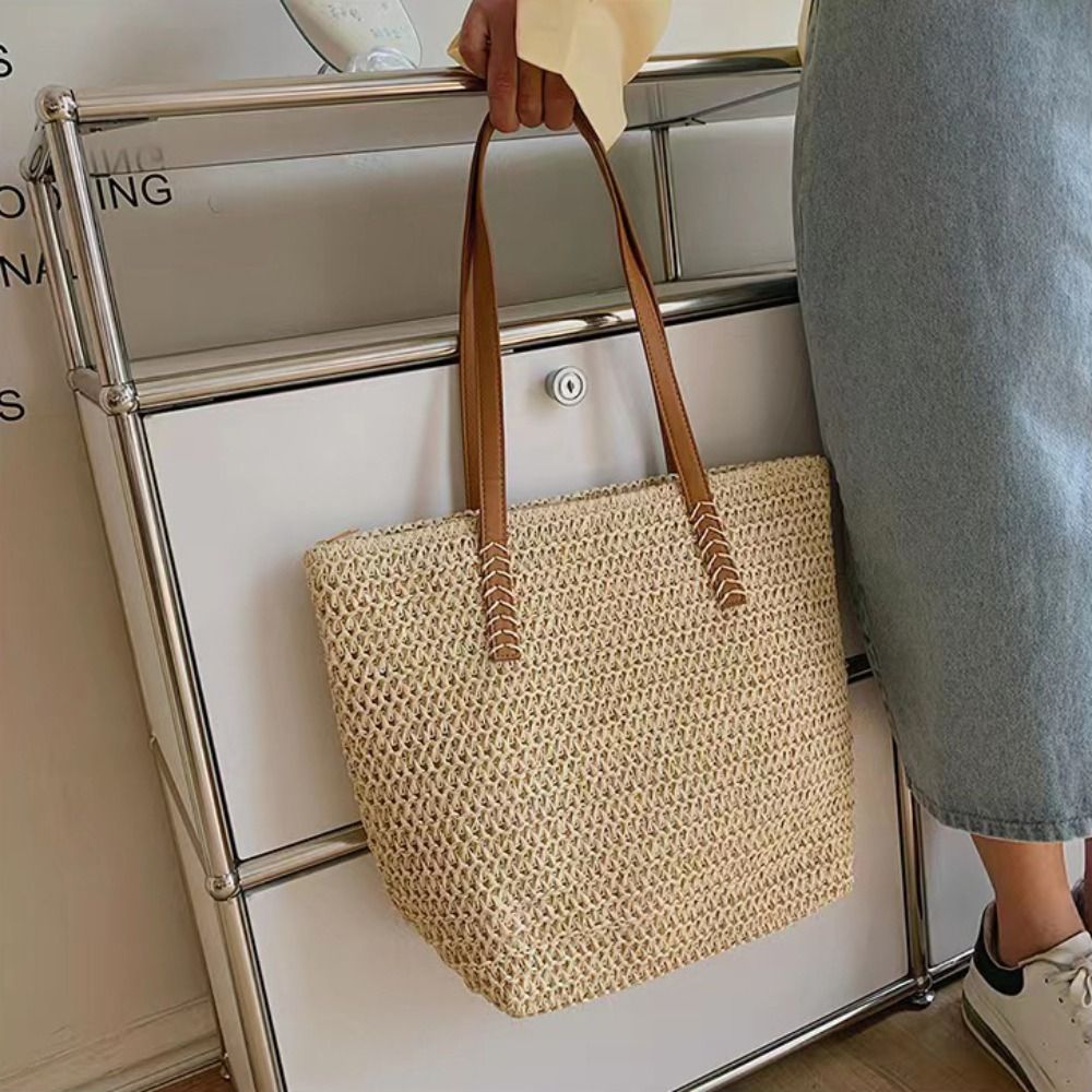 Fashion Solid Color Weave Stra - Tote Bag Beach บทวิจารณ์และราคา