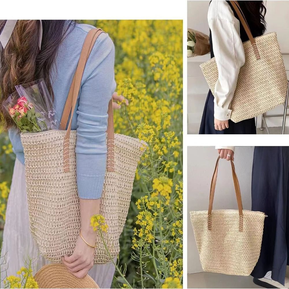 Fashion Solid Color Weave Stra - Tote Bag Beach บทวิจารณ์และราคา