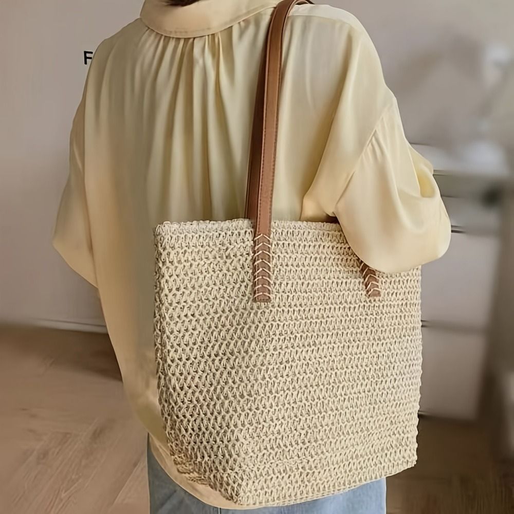 Fashion Solid Color Weave Stra - Tote Bag Beach บทวิจารณ์และราคา