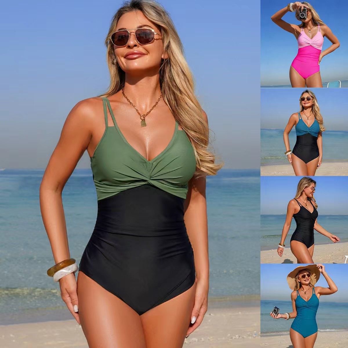 V Neck Twist Front One Piece S - Swimsuit Bikini Ruched บทวิจารณ์และราคา