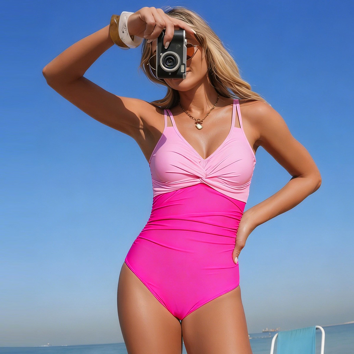 V Neck Twist Front One Piece S - Swimsuit Bikini Ruched บทวิจารณ์และราคา