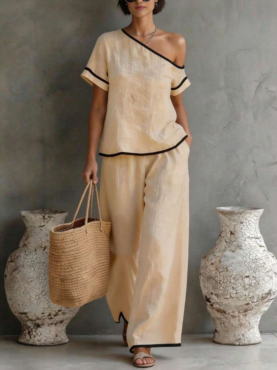 Womens Beige Asymmetric Top An - Linen Pant Wide บทวิจารณ์และราคา