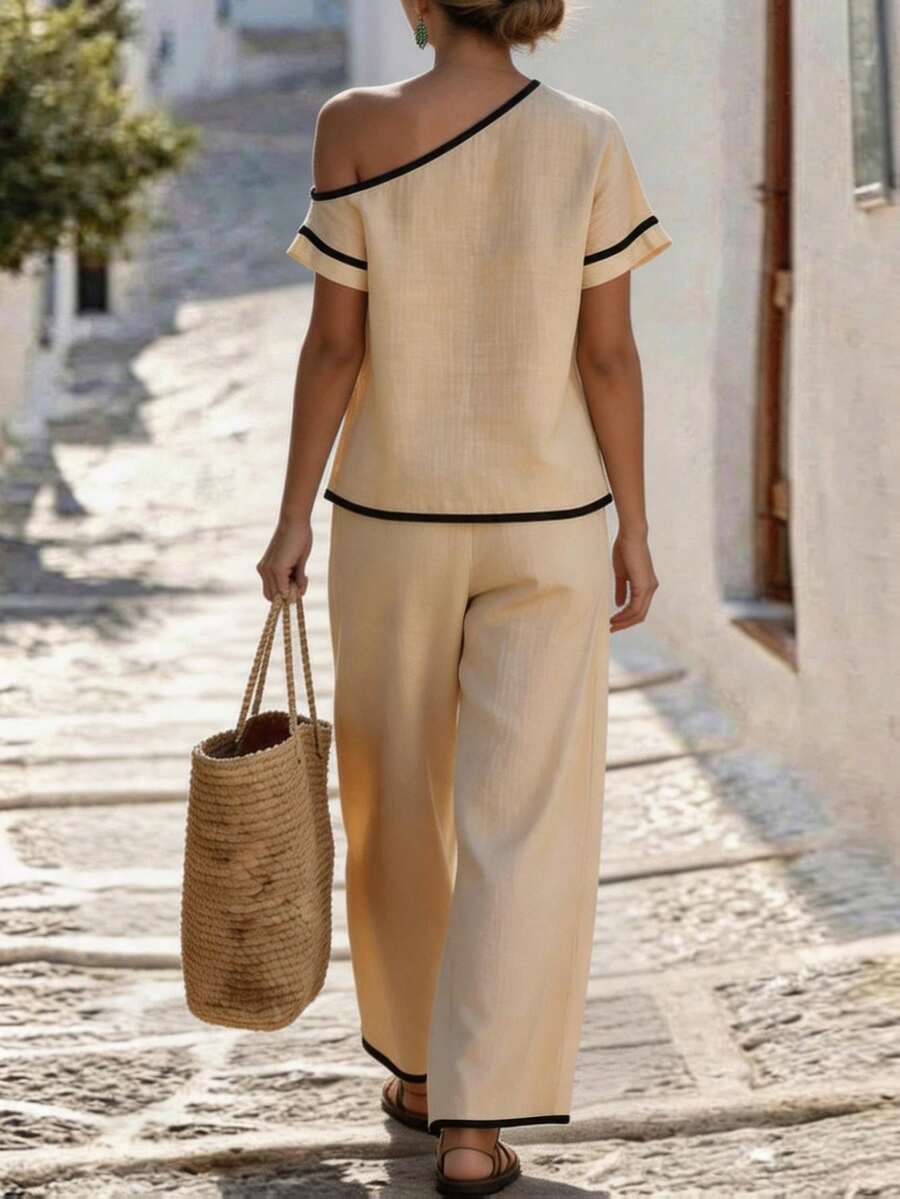 Womens Beige Asymmetric Top An - Linen Pant Wide บทวิจารณ์และราคา