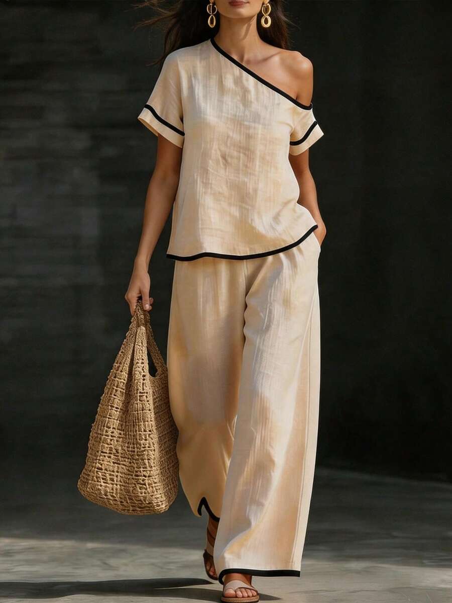 Womens Beige Asymmetric Top An - Linen Pant Wide บทวิจารณ์และราคา