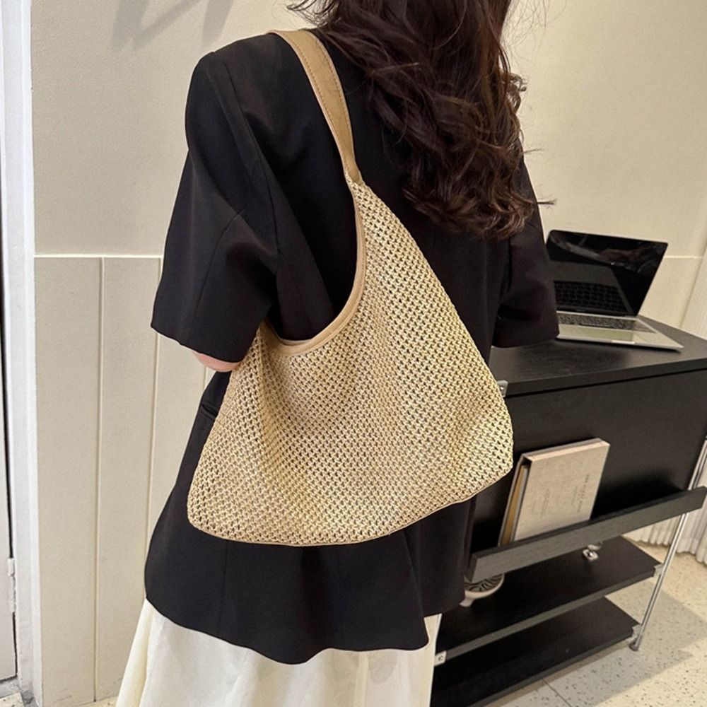 Simple Solid Color Weave Straw - Tote Bag Beach บทวิจารณ์และราคา