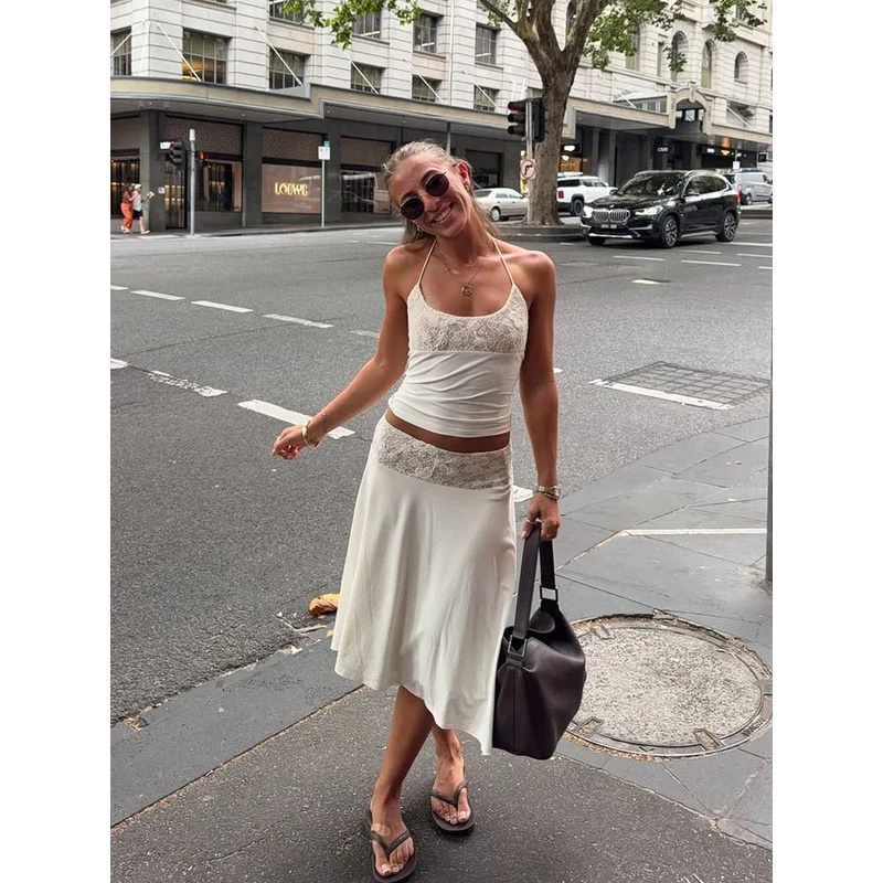 Sexy Lace Patchwork Sling Top  - Maxi Dress Halter บทวิจารณ์และราคา