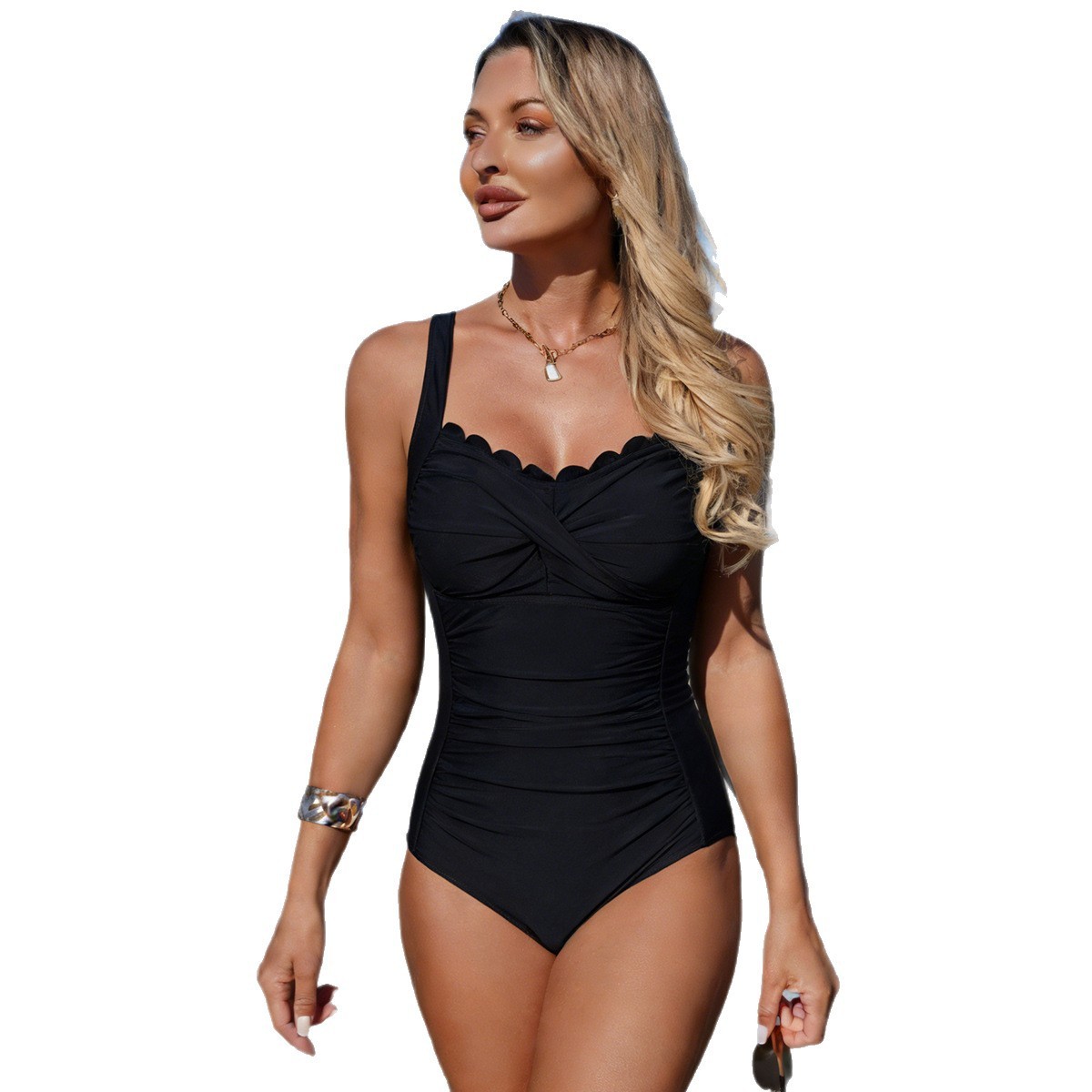 Black Swimsuit Scalloped Neckl - Swimsuit Bikini Ruched บทวิจารณ์และราคา