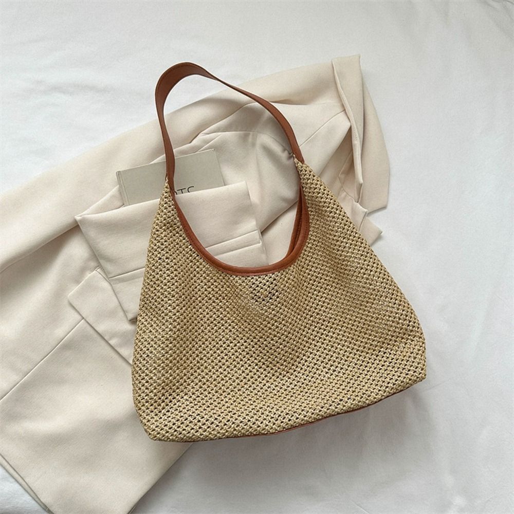 Fashion Solid Color Weave Stra - Tote Bag Beach บทวิจารณ์และราคา