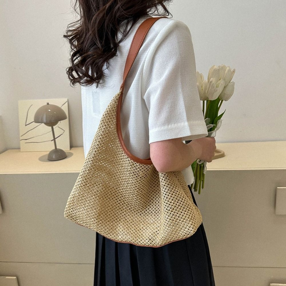 Fashion Solid Color Weave Stra - Tote Bag Beach บทวิจารณ์และราคา