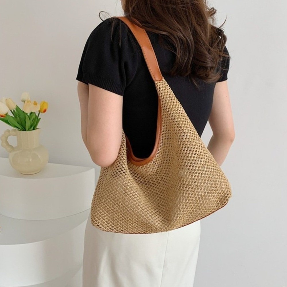 Fashion Solid Color Weave Stra - Tote Bag Beach บทวิจารณ์และราคา