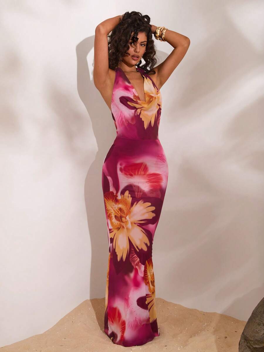Floral Print Open Back Halter  - Maxi Dress Halter บทวิจารณ์และราคา