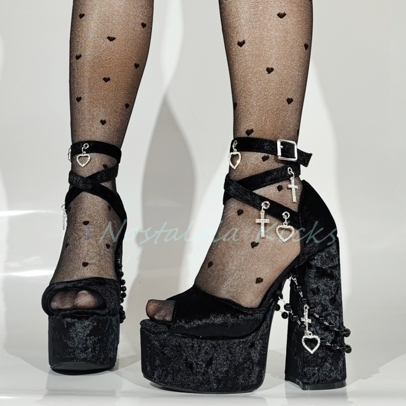 Gothic Black Velvet Platform H - Sandal Strappy Heeled บทวิจารณ์และราคา