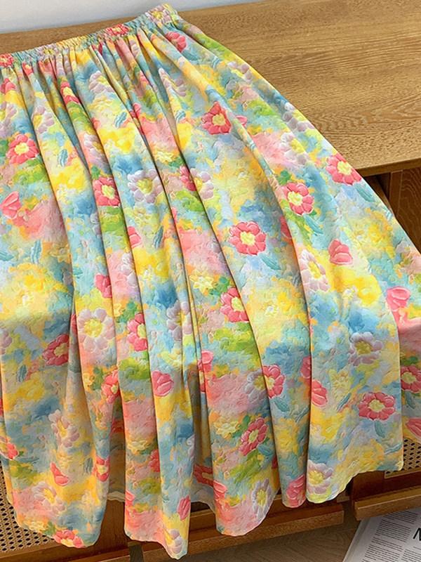 Retro Artistic Large Size A-Li - Midi Skirt Floral บทวิจารณ์และราคา