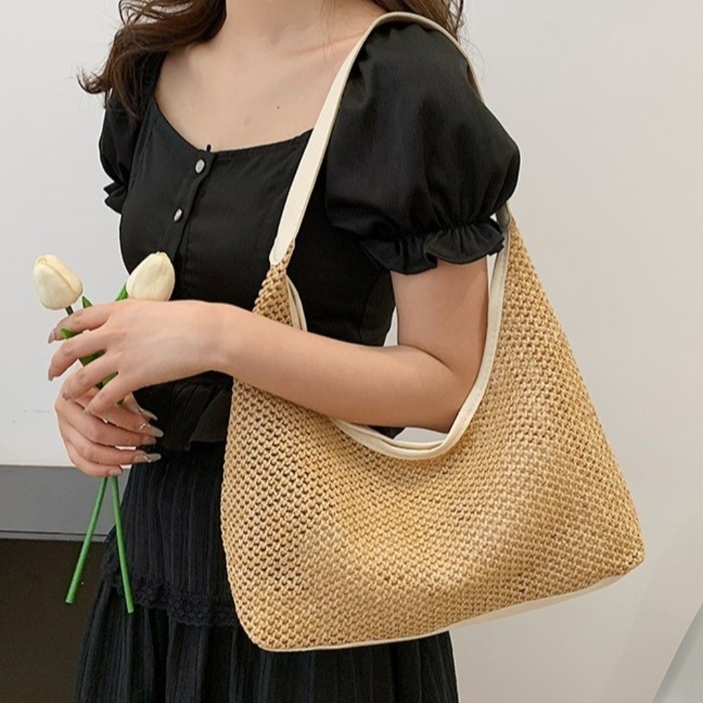 Cute Solid Color Weave Straw B - Tote Bag Beach บทวิจารณ์และราคา