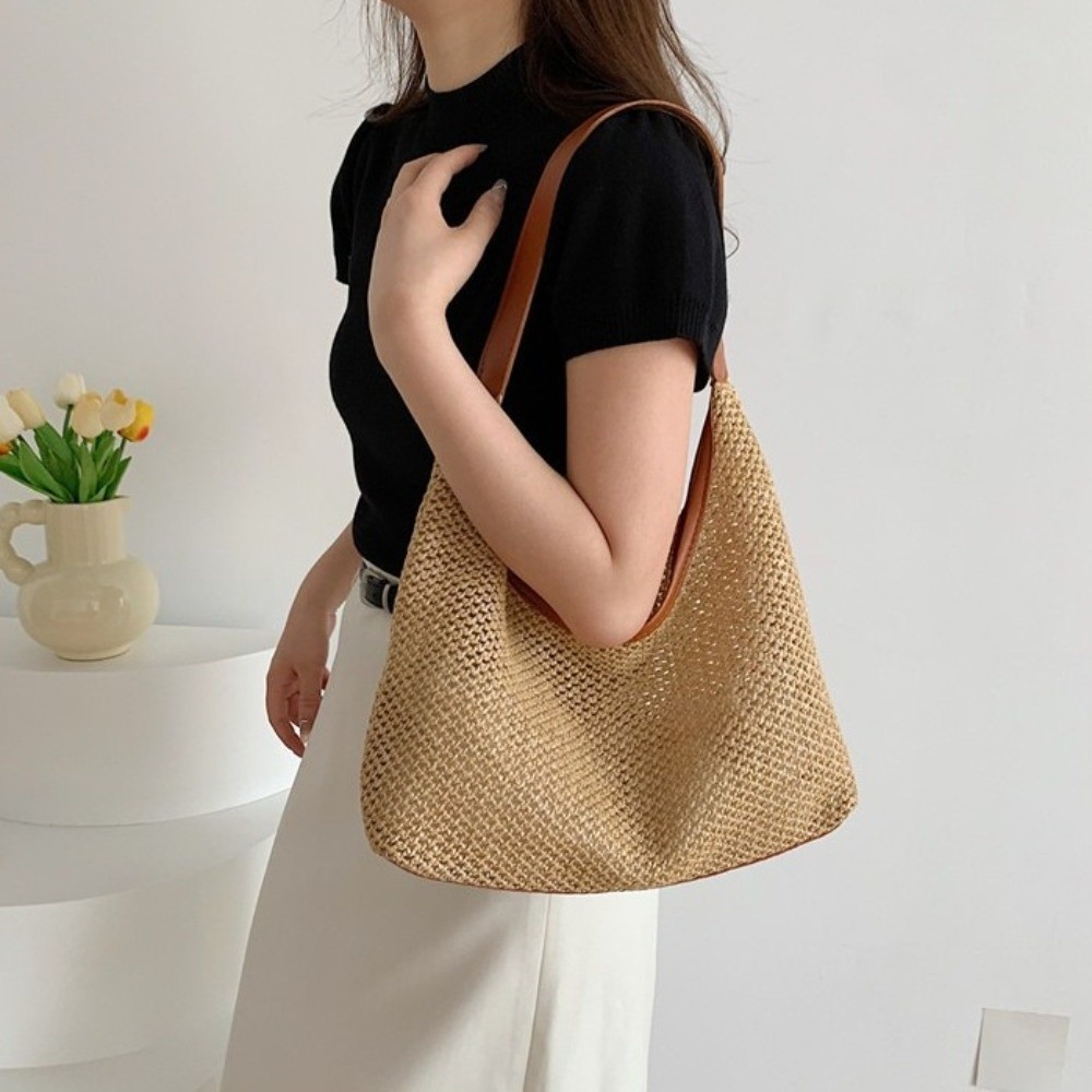 Cute Solid Color Weave Straw B - Tote Bag Beach บทวิจารณ์และราคา