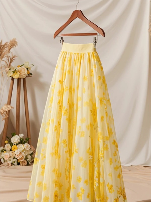 Summer 2026 High Waist Yellow  - Midi Skirt Floral บทวิจารณ์และราคา