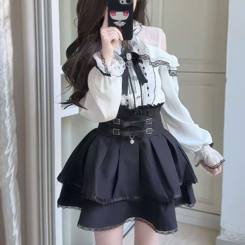 Japanese Gothic Y2k Lolita Sty - Blouse Off Shoulder บทวิจารณ์และราคา