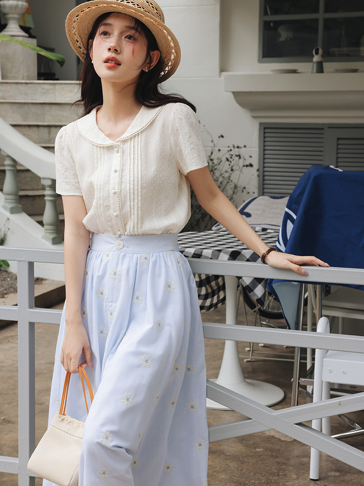 Vintage White Shirt Floral Emb - Midi Skirt Floral บทวิจารณ์และราคา