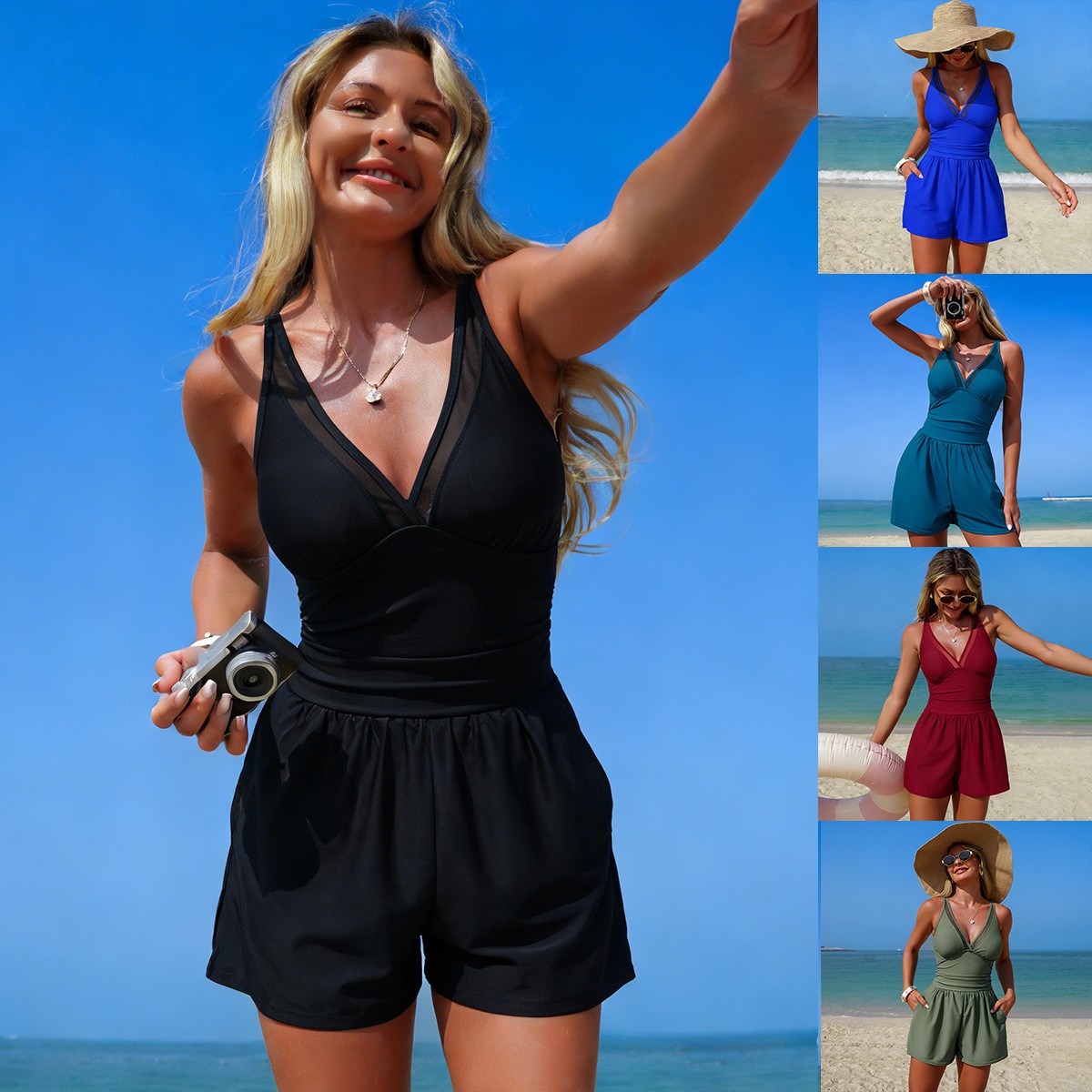 Black Solid Color Sleeveless V - Swimsuit Bikini Ruched บทวิจารณ์และราคา