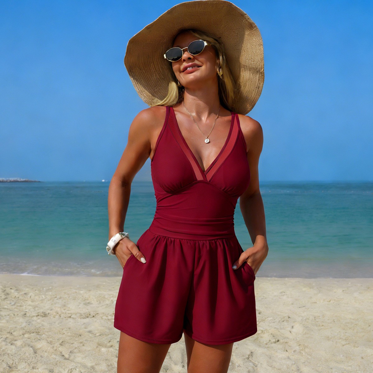 Black Solid Color Sleeveless V - Swimsuit Bikini Ruched บทวิจารณ์และราคา