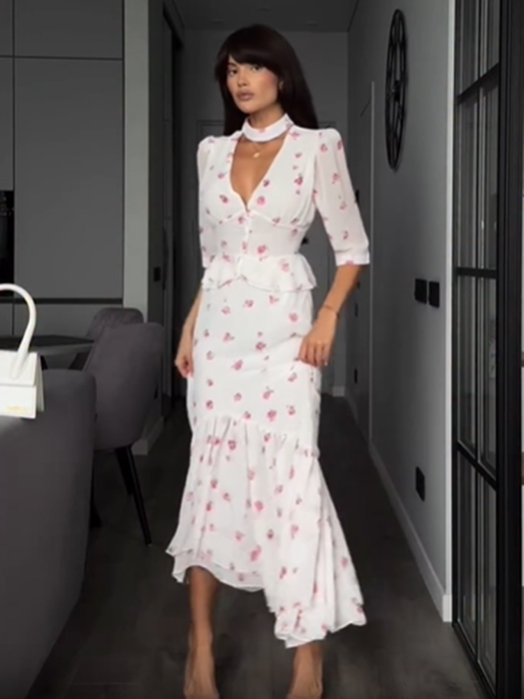 Women White Pink Floral Choker - Midi Skirt Floral บทวิจารณ์และราคา