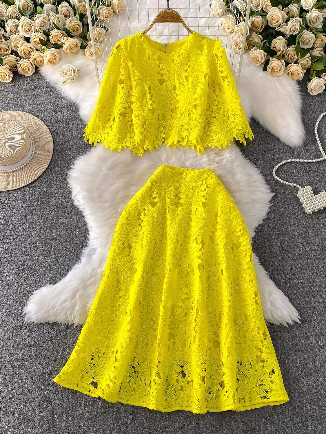 Elegant 2 Piece Set Women Summ - Crop Top Crochet บทวิจารณ์และราคา