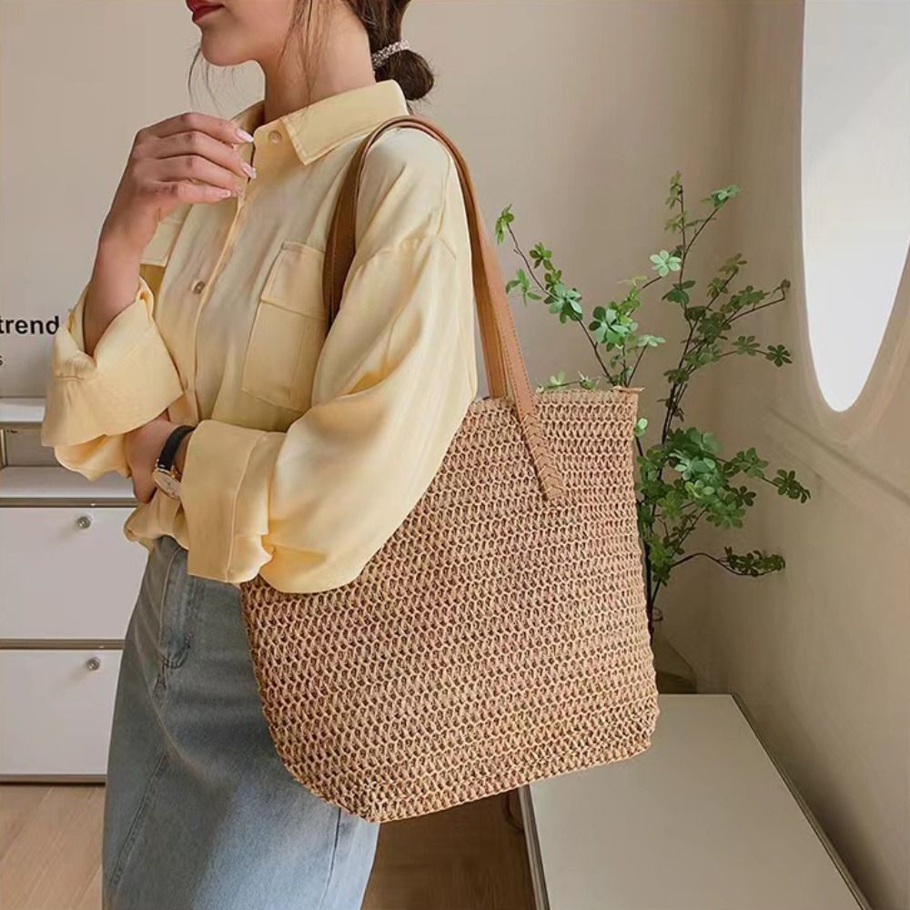 Casual Solid Color Weave Straw - Tote Bag Beach บทวิจารณ์และราคา