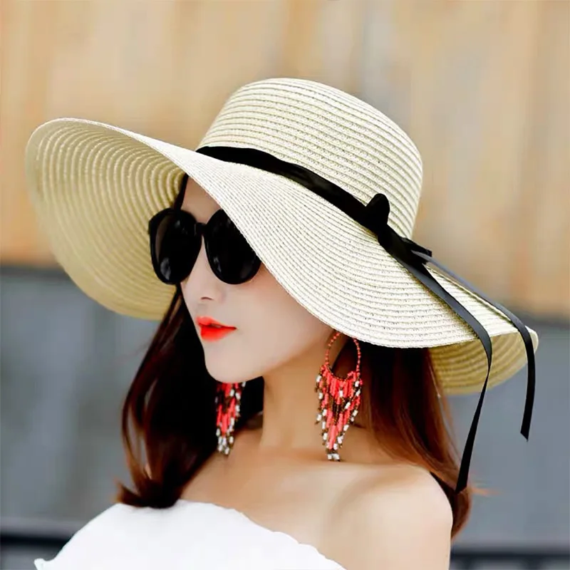 Summer Women Straw Hat Bowknot - Hat Floppy Wide บทวิจารณ์และราคา