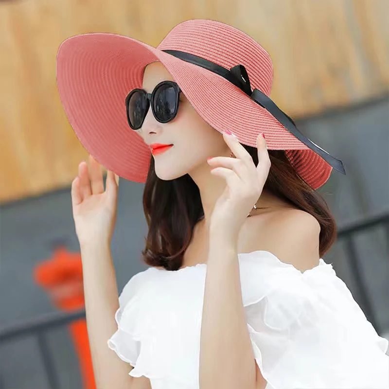 Summer Women Straw Hat Bowknot - Hat Floppy Wide บทวิจารณ์และราคา