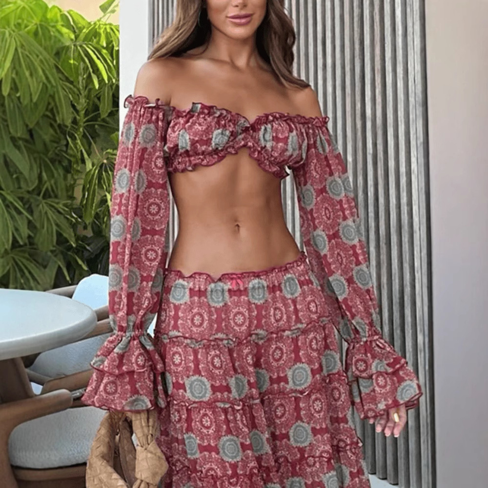 Vintage Print Skirt Two Piece  - Romper Floral Print บทวิจารณ์และราคา