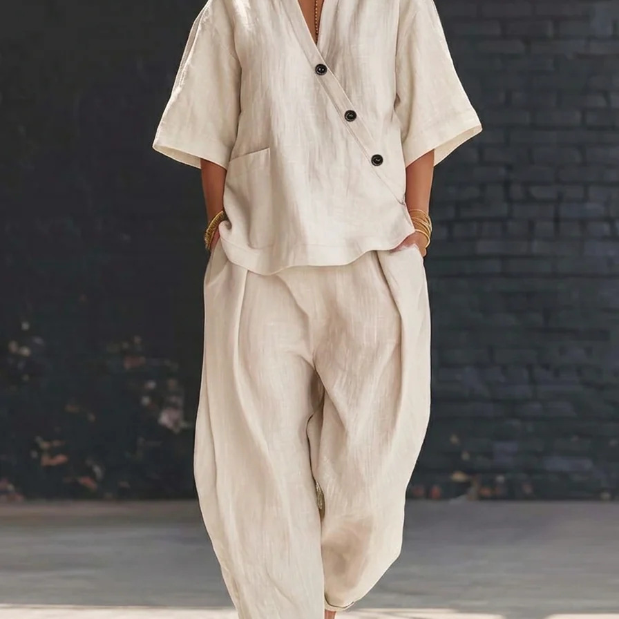 Women’s Two Piece Set Loose V  - Linen Pant Wide บทวิจารณ์และราคา