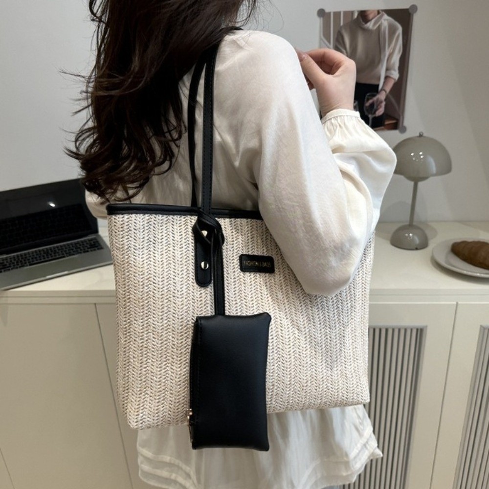 Simple Solid Color Weave Tote  - Tote Bag Beach บทวิจารณ์และราคา
