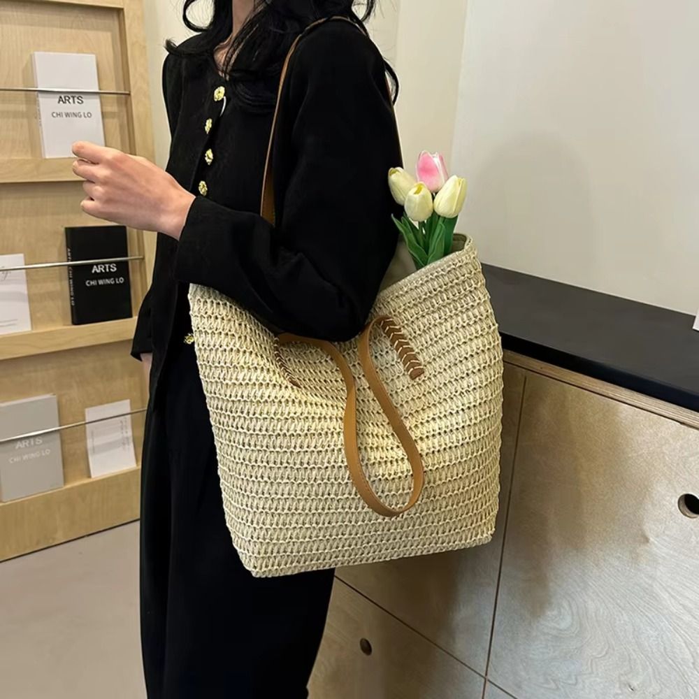 Simple Solid Color Weave Straw - Tote Bag Beach บทวิจารณ์และราคา