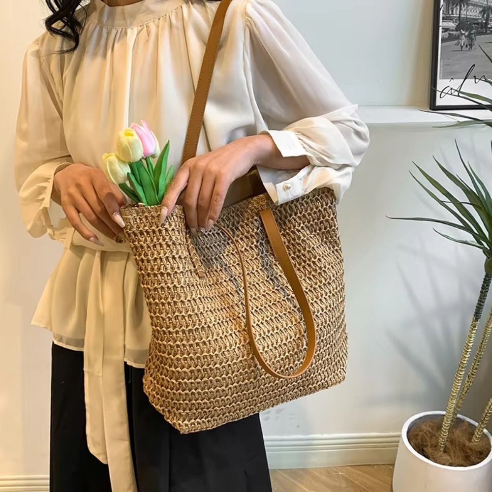 Simple Solid Color Weave Straw - Tote Bag Beach บทวิจารณ์และราคา