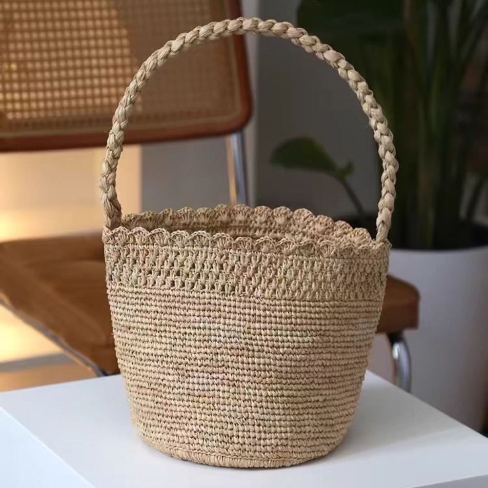 Handmade Crochet Straw Bucket  - Crochet Bag Raffia บทวิจารณ์และราคา