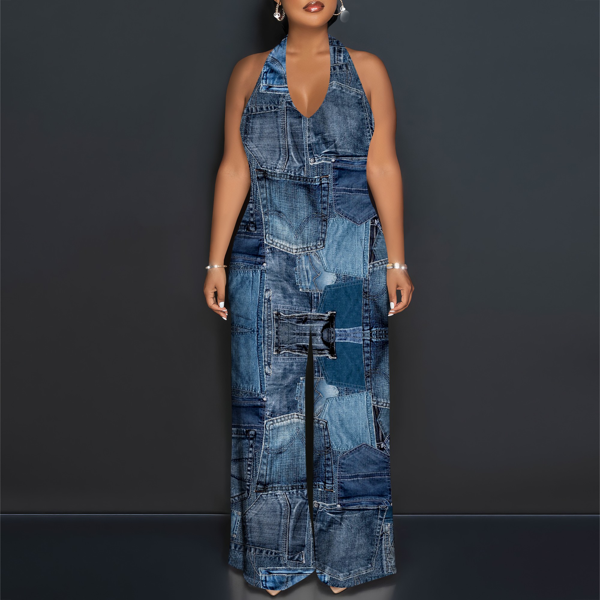 Denim Patchwork Halter V-Neck  - Maxi Dress Halter บทวิจารณ์และราคา