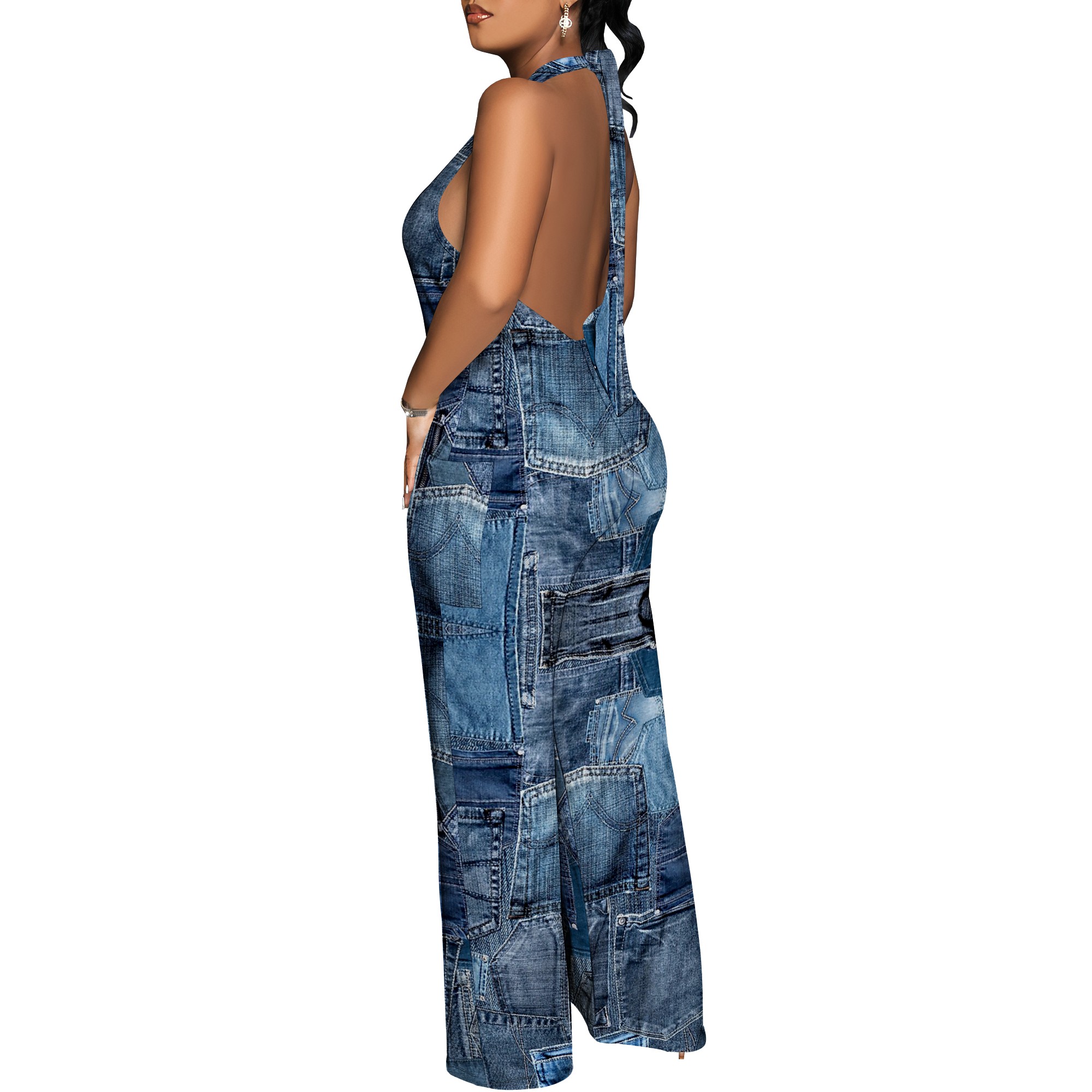 Denim Patchwork Halter V-Neck  - Maxi Dress Halter บทวิจารณ์และราคา