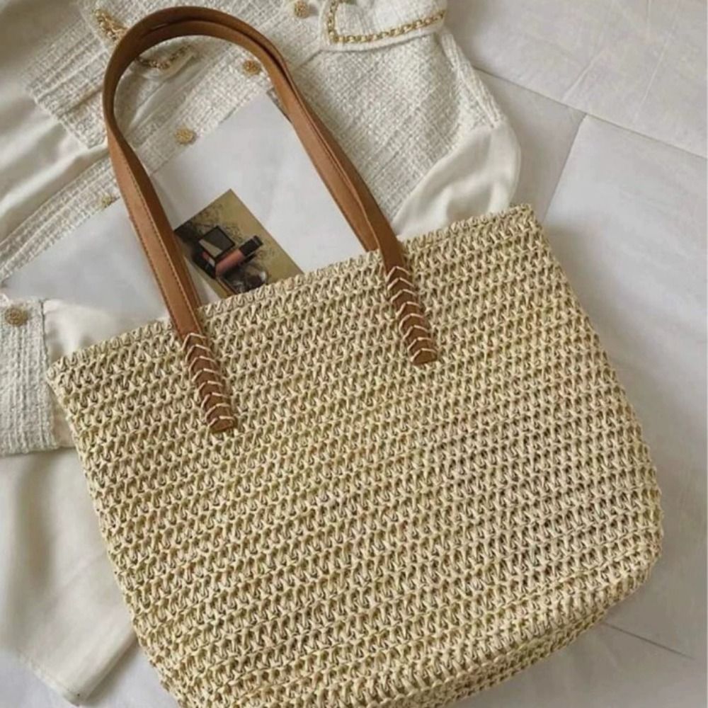 Cute Solid Color Weave Straw T - Tote Bag Beach บทวิจารณ์และราคา