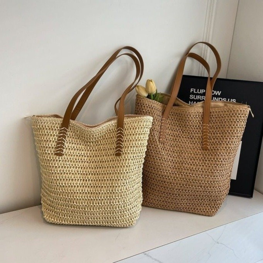 Cute Solid Color Weave Straw T - Tote Bag Beach บทวิจารณ์และราคา