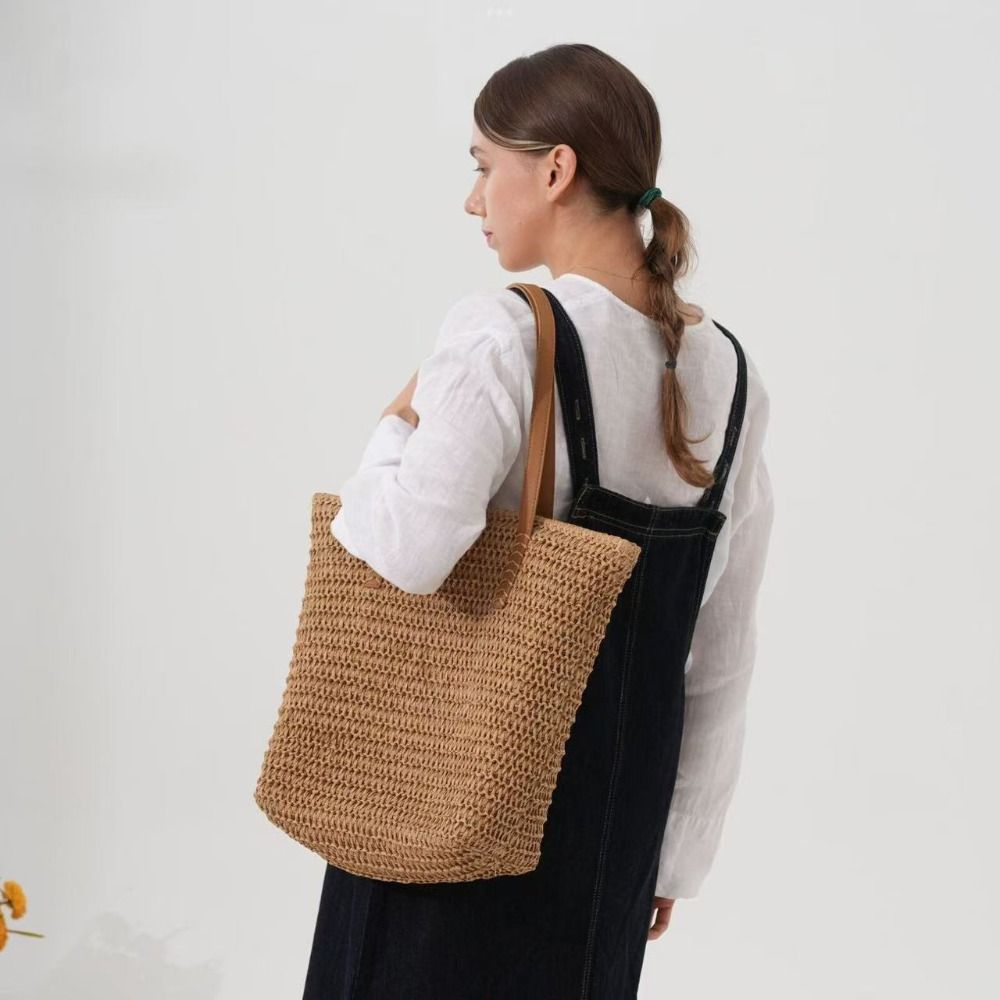 Cute Solid Color Weave Straw T - Tote Bag Beach บทวิจารณ์และราคา