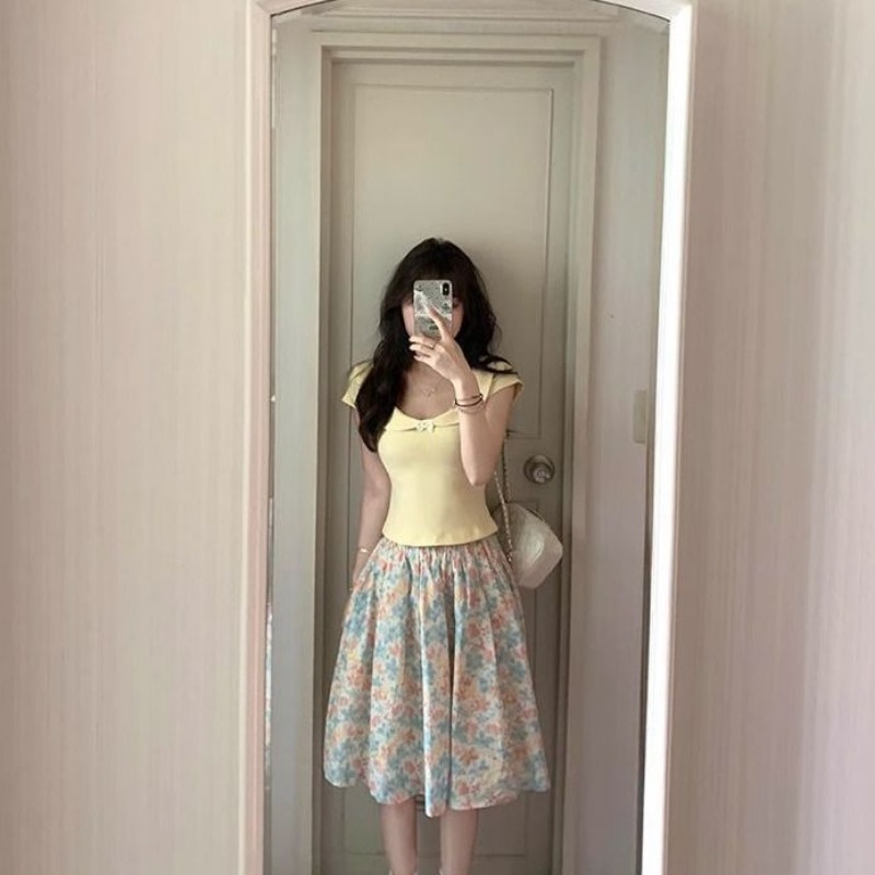 Women 2 Piece Set Bow Top And  - Midi Skirt Floral บทวิจารณ์และราคา