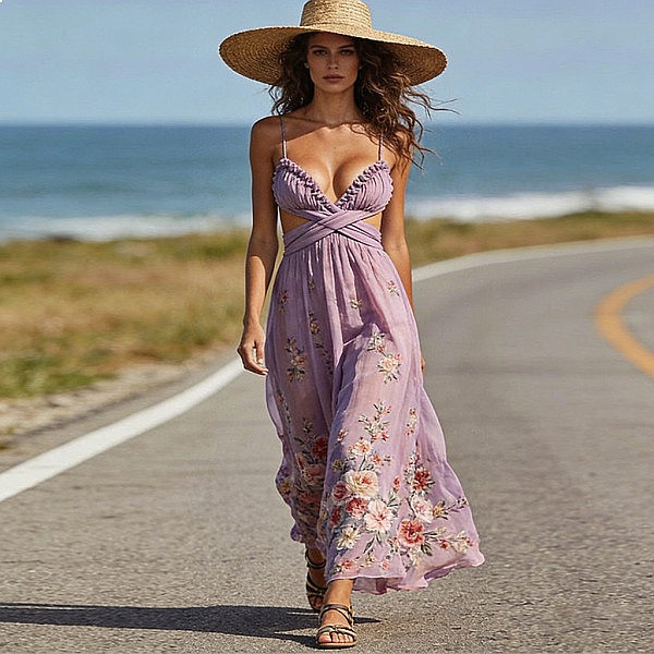 Women's Chiffon Floral Print L - Maxi Dress Halter บทวิจารณ์และราคา