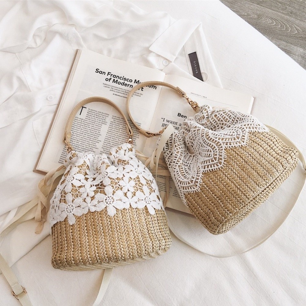 Casual Lace Straw Shoulder Bag - Tote Bag Beach บทวิจารณ์และราคา
